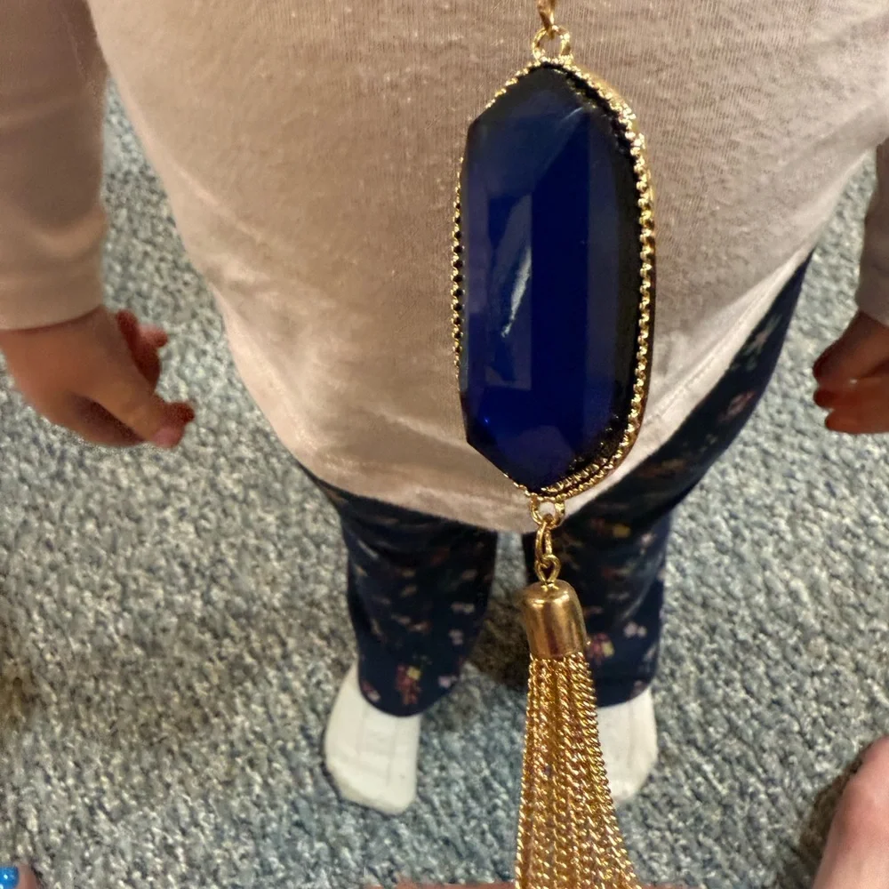 Bright Blue/Gold Necklace 30in Long + Pendant and Tassel - Picture 5 of 8